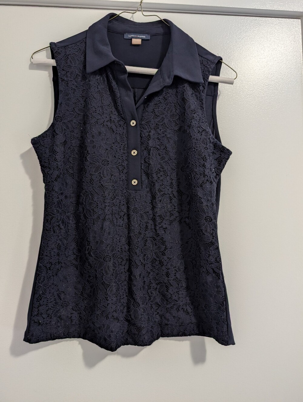 Tommy Hilfiger Navy Floral Lace Sleeveless Collared Tank